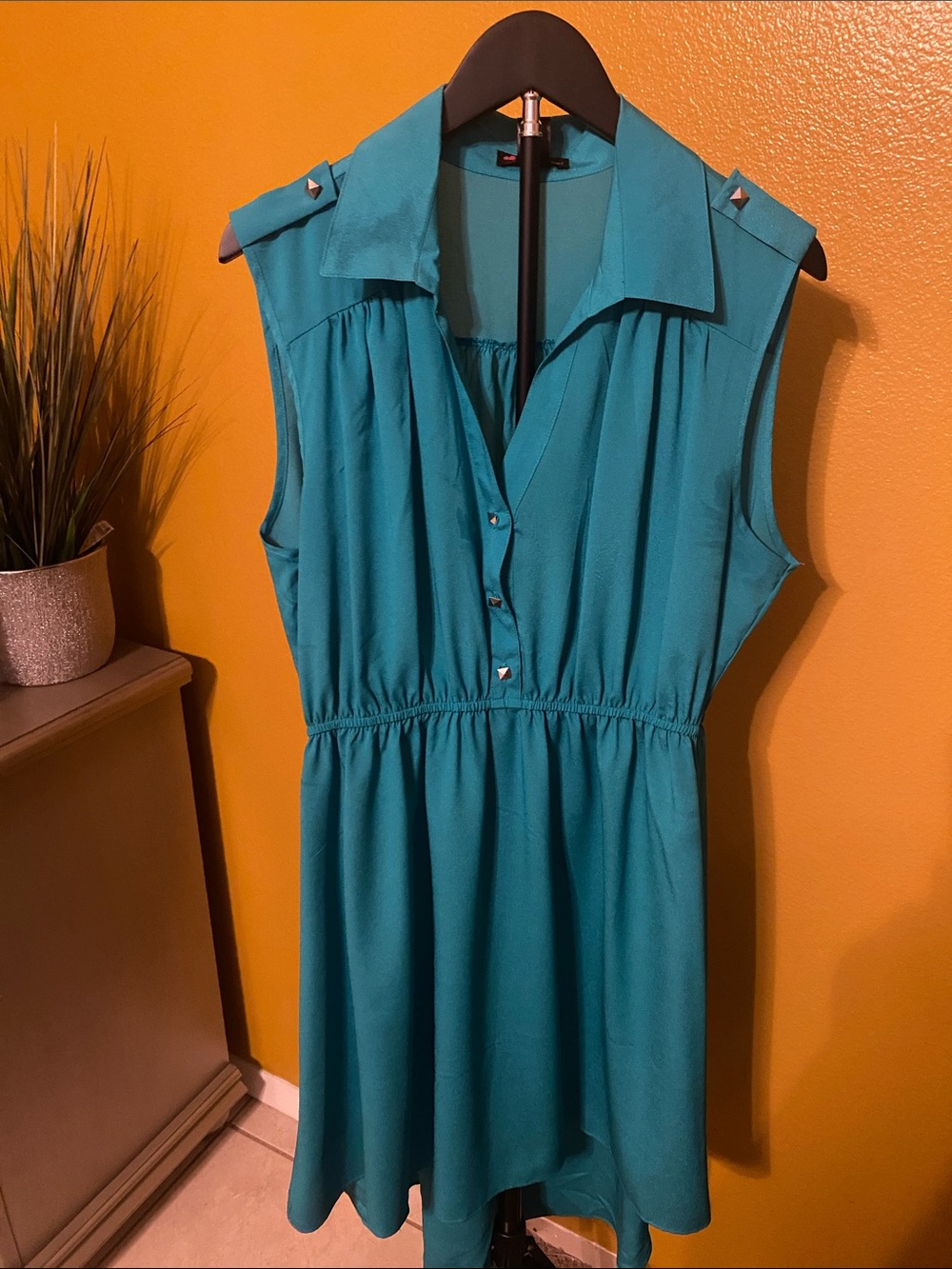 Sleeveless Teal Shirred Waist Dress - Women's